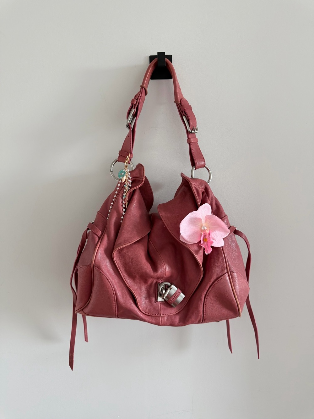 Vintage Pink Red Leather Hobo Shoulder Bag